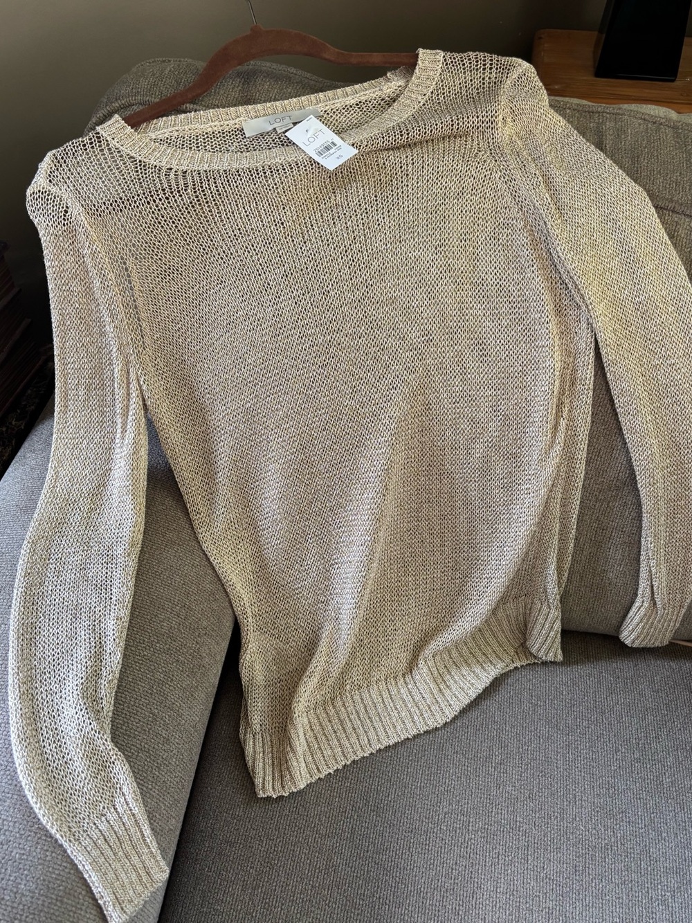 LOFT Open-Knit Scoop Neck Sweater in Light Beige with Gold Shimmer